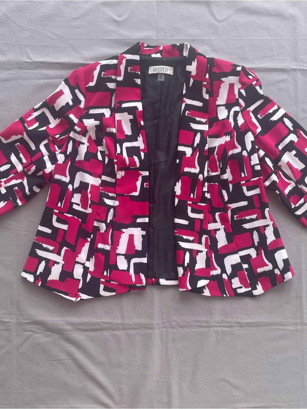 Kasper Jacket Women’s 16 W Pink Black Open Blazer Long Sleeves Geometric NWT